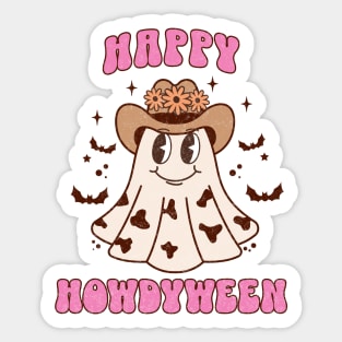 Western Halloween Ghost Happy Howdyween Pink Retro Cow Sticker